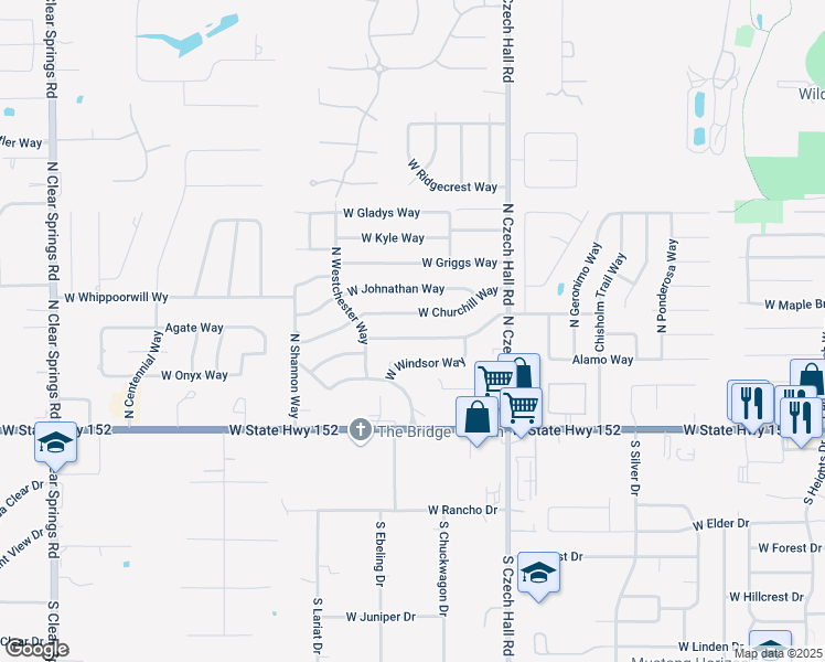 map of restaurants, bars, coffee shops, grocery stores, and more near 1041 West Churchill Way in Mustang