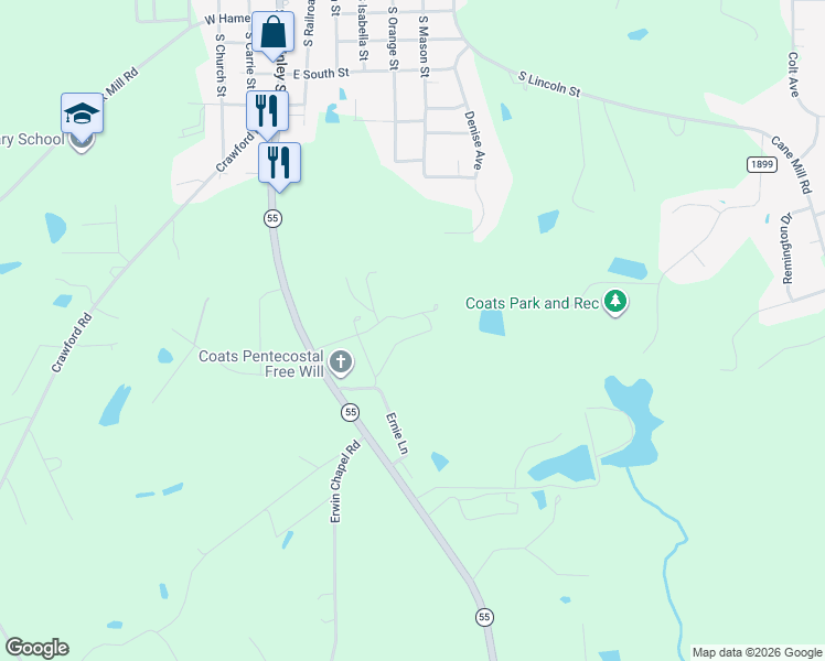 map of restaurants, bars, coffee shops, grocery stores, and more near 1275 North Carolina 55 in Coats