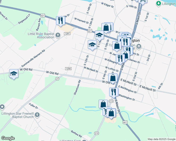 map of restaurants, bars, coffee shops, grocery stores, and more near 403 West McNeill Street in Lillington