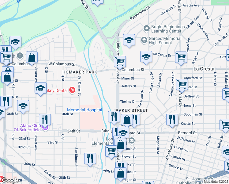 map of restaurants, bars, coffee shops, grocery stores, and more near 29 West Jeffrey Street in Bakersfield