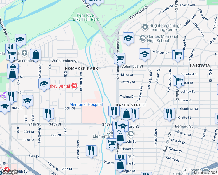 map of restaurants, bars, coffee shops, grocery stores, and more near 29 West Jeffrey Street in Bakersfield