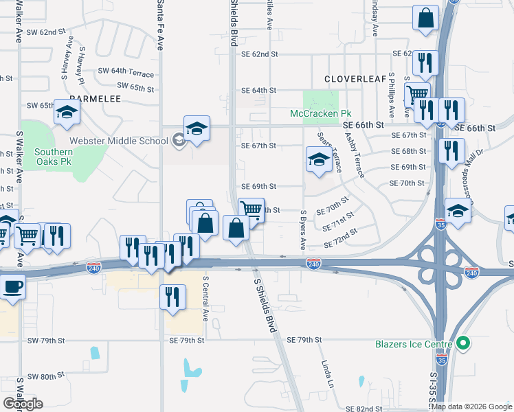 map of restaurants, bars, coffee shops, grocery stores, and more near 220 Southeast 69th Street in Oklahoma City