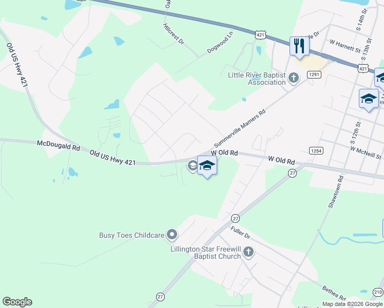 map of restaurants, bars, coffee shops, grocery stores, and more near 1608 Summerville Mamers Road in Lillington