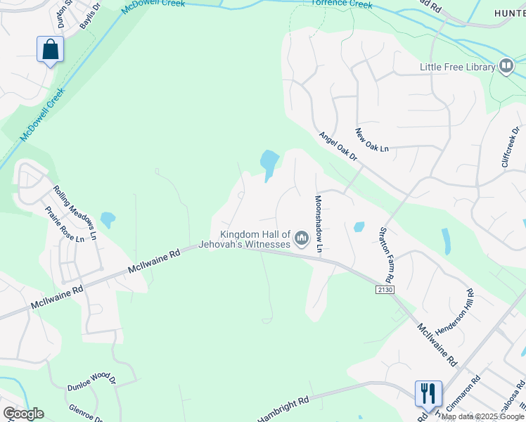 map of restaurants, bars, coffee shops, grocery stores, and more near 12015 Crabapple Lane in Huntersville