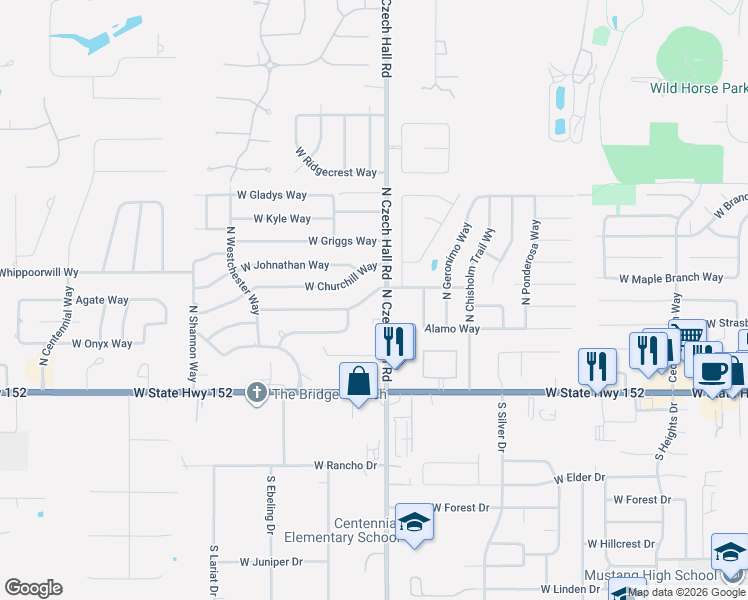 map of restaurants, bars, coffee shops, grocery stores, and more near 913 West Dorchester Way in Mustang