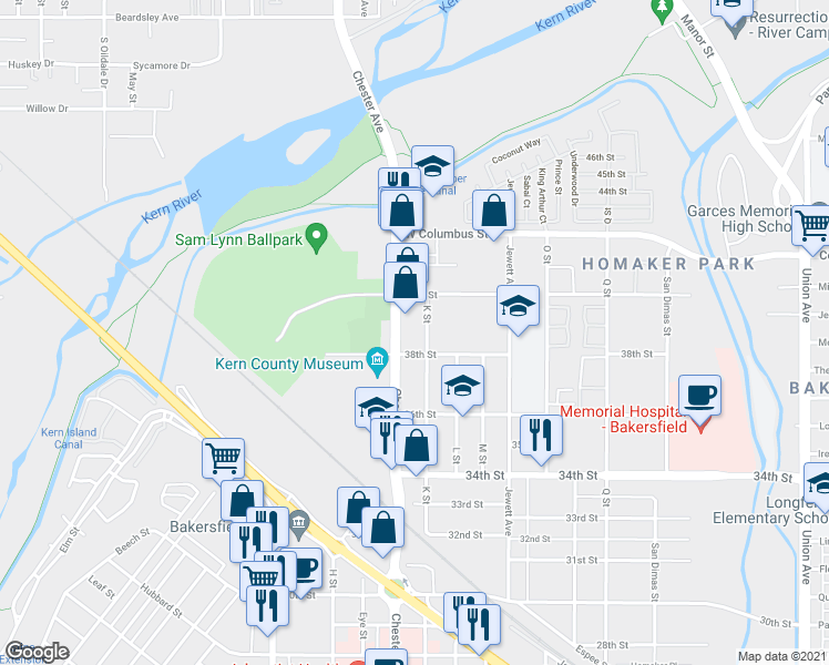 map of restaurants, bars, coffee shops, grocery stores, and more near 3815 K Street in Bakersfield