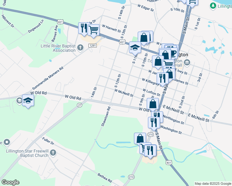 map of restaurants, bars, coffee shops, grocery stores, and more near 1303 South 12th Street in Lillington