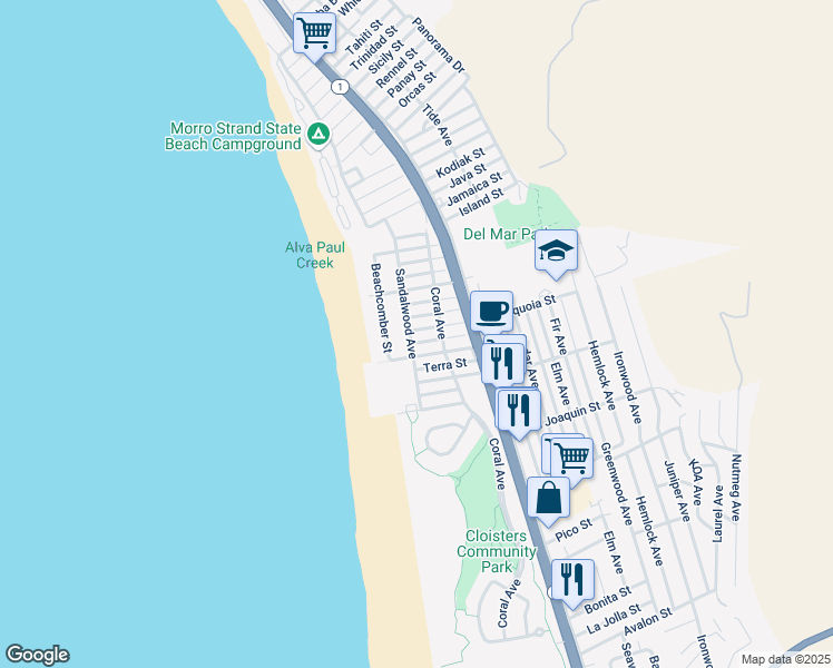 map of restaurants, bars, coffee shops, grocery stores, and more near 190 Capri Street in Morro Bay