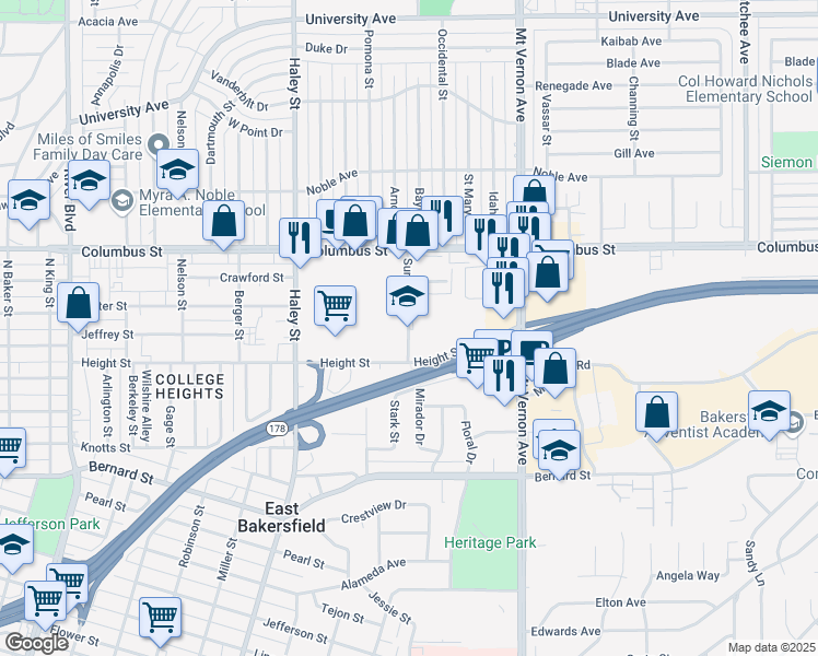 map of restaurants, bars, coffee shops, grocery stores, and more near 1601 Columbus Street in Bakersfield