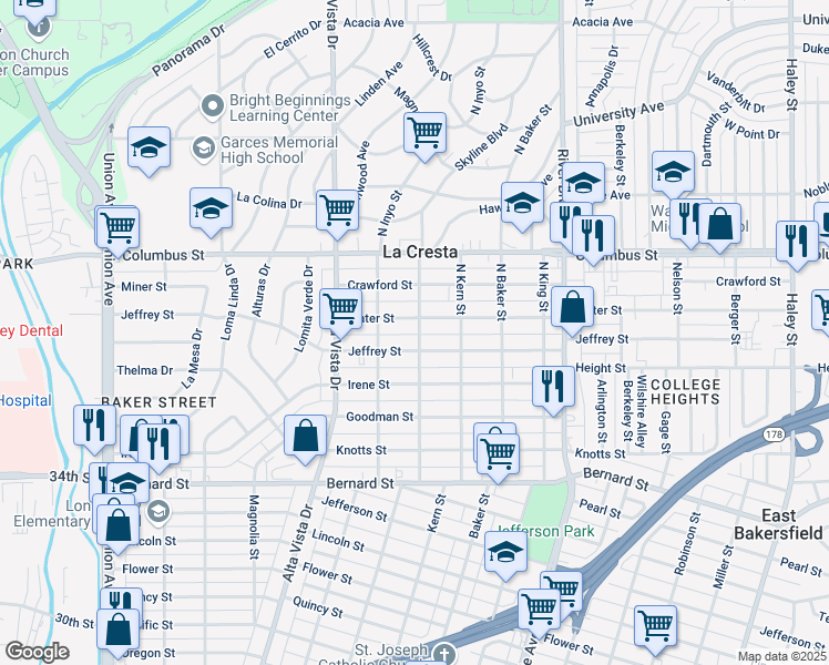 map of restaurants, bars, coffee shops, grocery stores, and more near 2501 North Tulare Street in Bakersfield