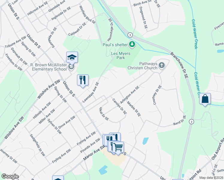 map of restaurants, bars, coffee shops, grocery stores, and more near 115 Eastcliff Drive Southeast in Concord