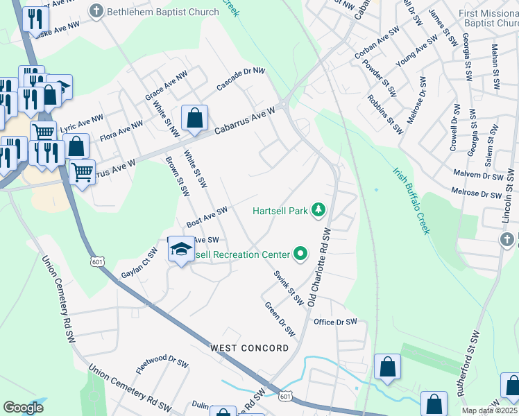 map of restaurants, bars, coffee shops, grocery stores, and more near Sunderland Road Southwest in Concord