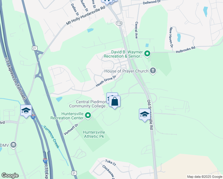 map of restaurants, bars, coffee shops, grocery stores, and more near 13010 Heath Grove Drive in Huntersville