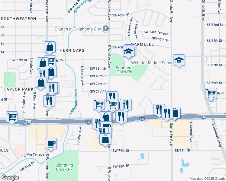 map of restaurants, bars, coffee shops, grocery stores, and more near 7200 South Walker Avenue in Oklahoma City