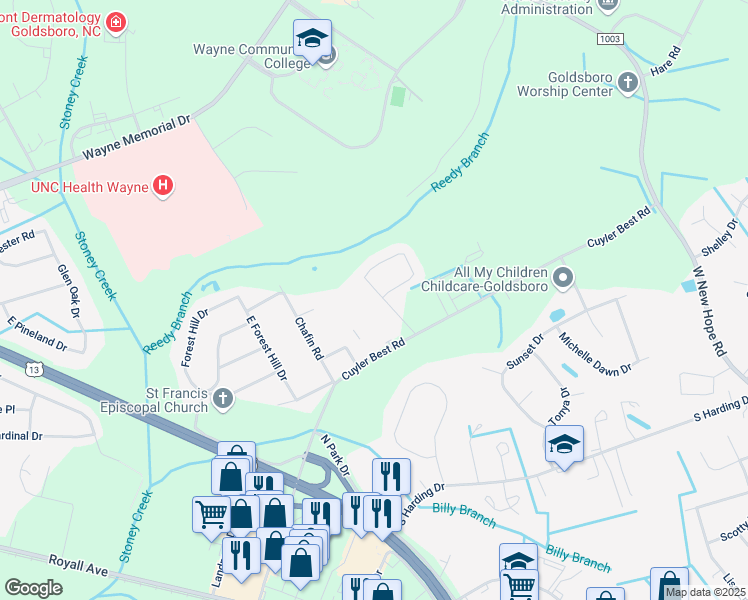 map of restaurants, bars, coffee shops, grocery stores, and more near 601 Oxford Drive in Goldsboro