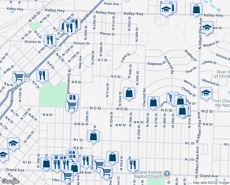 map of restaurants, bars, coffee shops, grocery stores, and more near 1800 North 32nd Street in Fort Smith