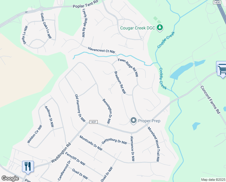 map of restaurants, bars, coffee shops, grocery stores, and more near 1403 Chalmers Court Northwest in Concord