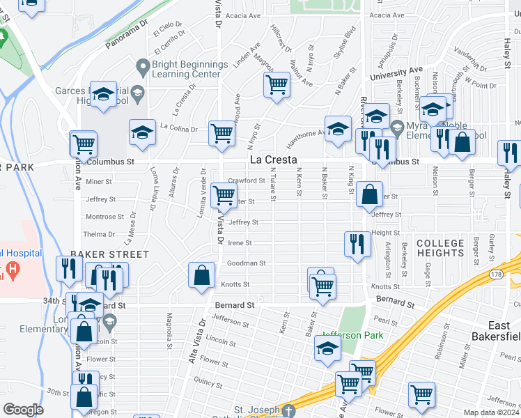 map of restaurants, bars, coffee shops, grocery stores, and more near 419 Water Street in Bakersfield