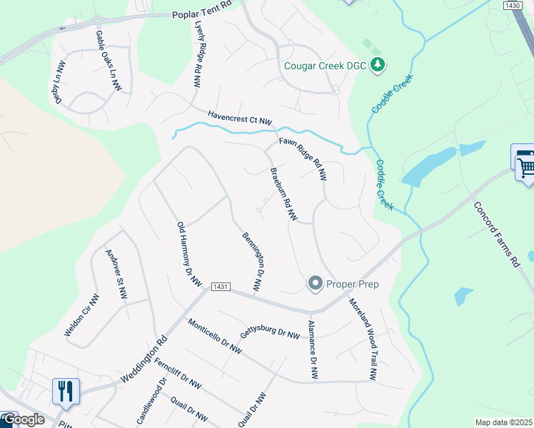 map of restaurants, bars, coffee shops, grocery stores, and more near 1403 Chalmers Court Northwest in Concord