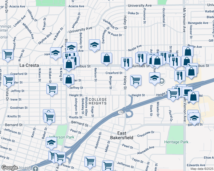 map of restaurants, bars, coffee shops, grocery stores, and more near 1236 Jeffrey Street in Bakersfield