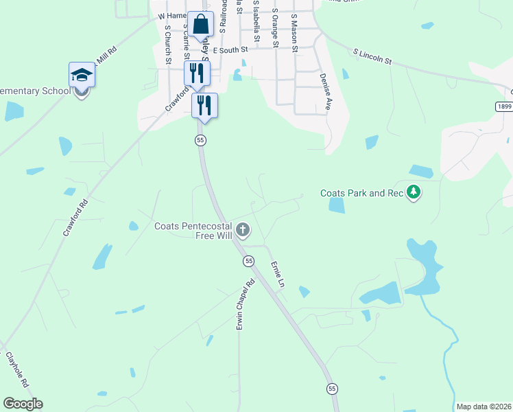 map of restaurants, bars, coffee shops, grocery stores, and more near 1275 North Carolina 55 in Coats