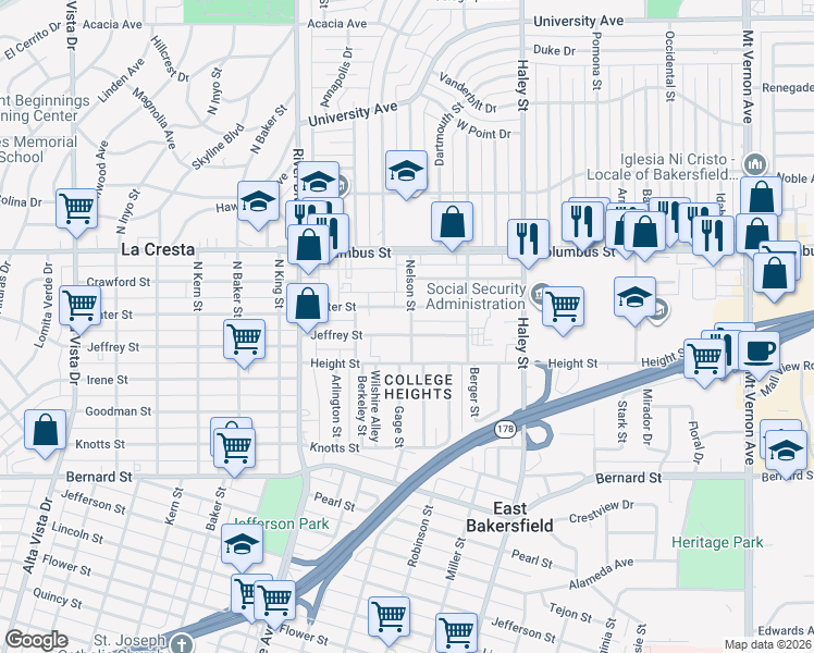 map of restaurants, bars, coffee shops, grocery stores, and more near 2 Jeffrey Street in Bakersfield