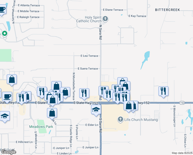 map of restaurants, bars, coffee shops, grocery stores, and more near 519 Sara Road in Mustang