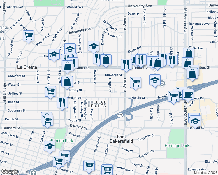 map of restaurants, bars, coffee shops, grocery stores, and more near 1231 Water Street in Bakersfield