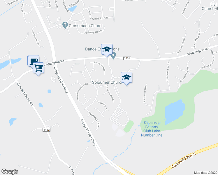 map of restaurants, bars, coffee shops, grocery stores, and more near 1327 Yorkshire Place Northwest in Concord