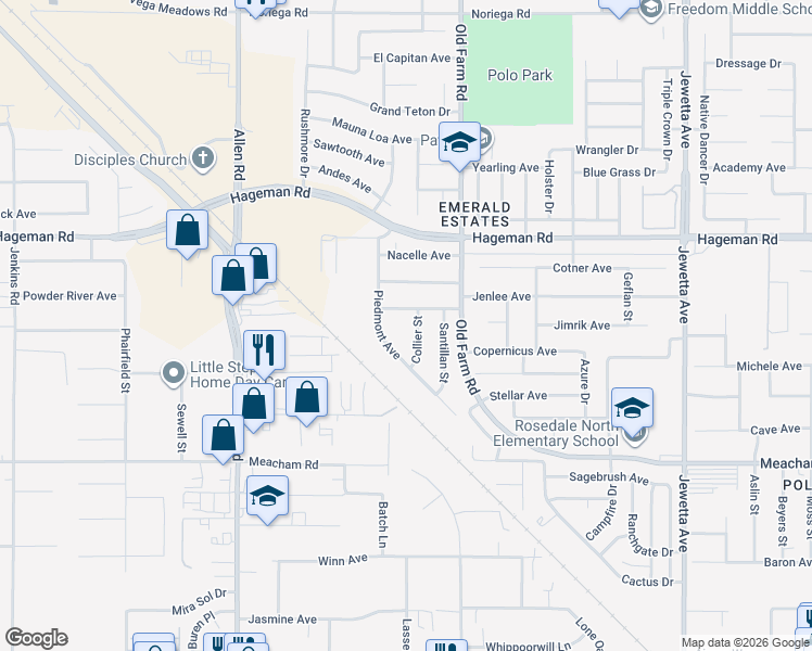 map of restaurants, bars, coffee shops, grocery stores, and more near 12221 Clementa Avenue in Bakersfield