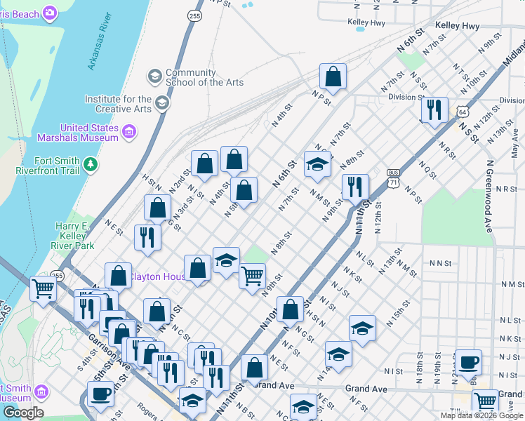 map of restaurants, bars, coffee shops, grocery stores, and more near 1019 North 6th Street in Fort Smith