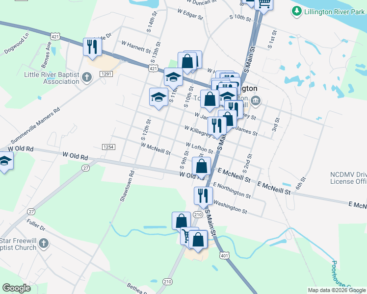 map of restaurants, bars, coffee shops, grocery stores, and more near 1200 South 9th Street in Lillington