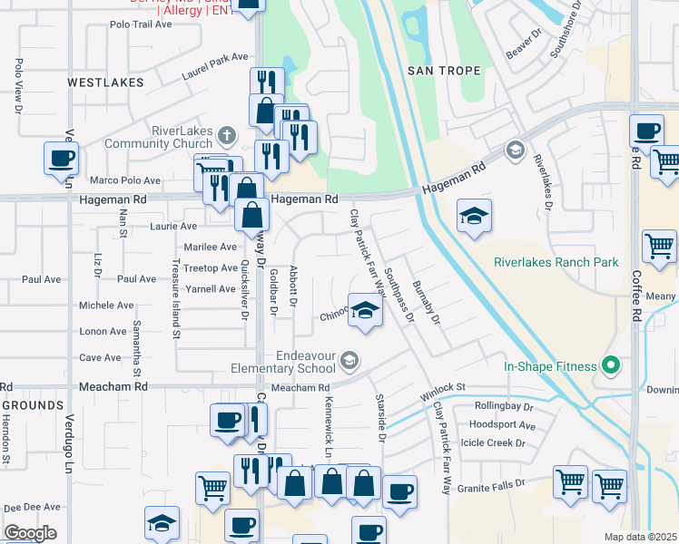 map of restaurants, bars, coffee shops, grocery stores, and more near 3820 Little Falls Court in Bakersfield