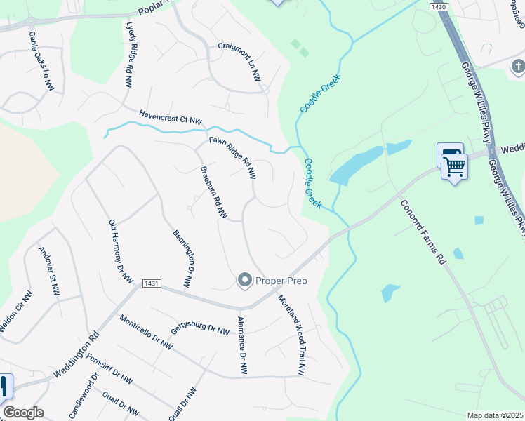 map of restaurants, bars, coffee shops, grocery stores, and more near 1407 Fawn Ridge Road Northwest in Concord