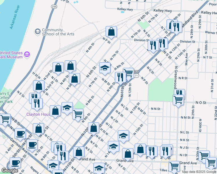 map of restaurants, bars, coffee shops, grocery stores, and more near 1217 North 9th Street in Fort Smith