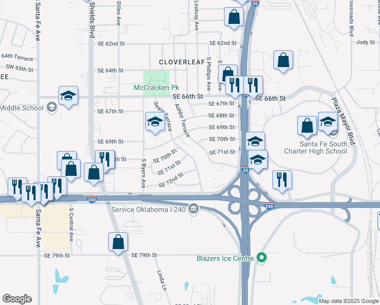 map of restaurants, bars, coffee shops, grocery stores, and more near 7130 Sears Terrace in Oklahoma City