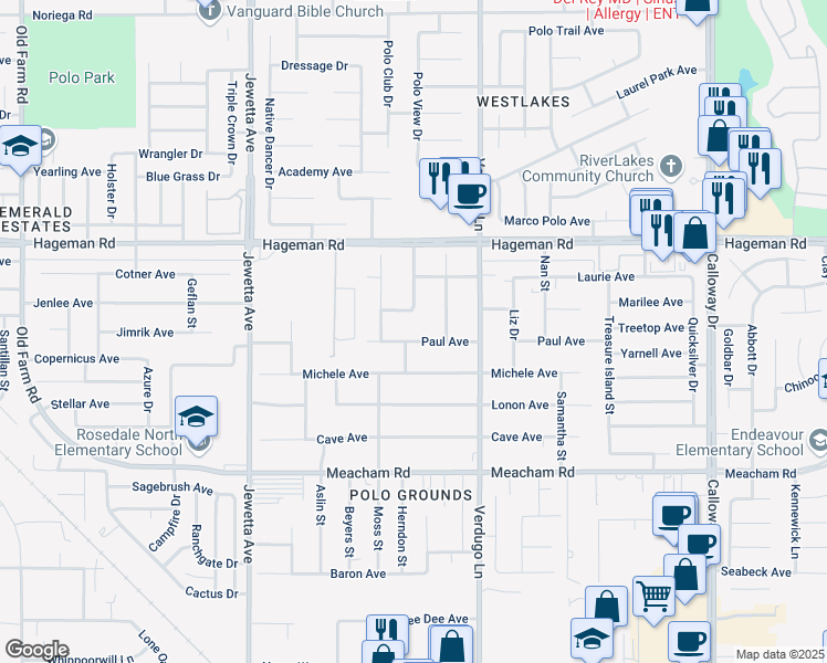 map of restaurants, bars, coffee shops, grocery stores, and more near 10713 Allene Way in Bakersfield