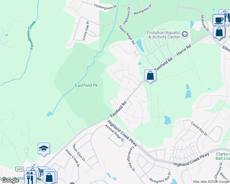 map of restaurants, bars, coffee shops, grocery stores, and more near 14007 Eastfield Road in Huntersville