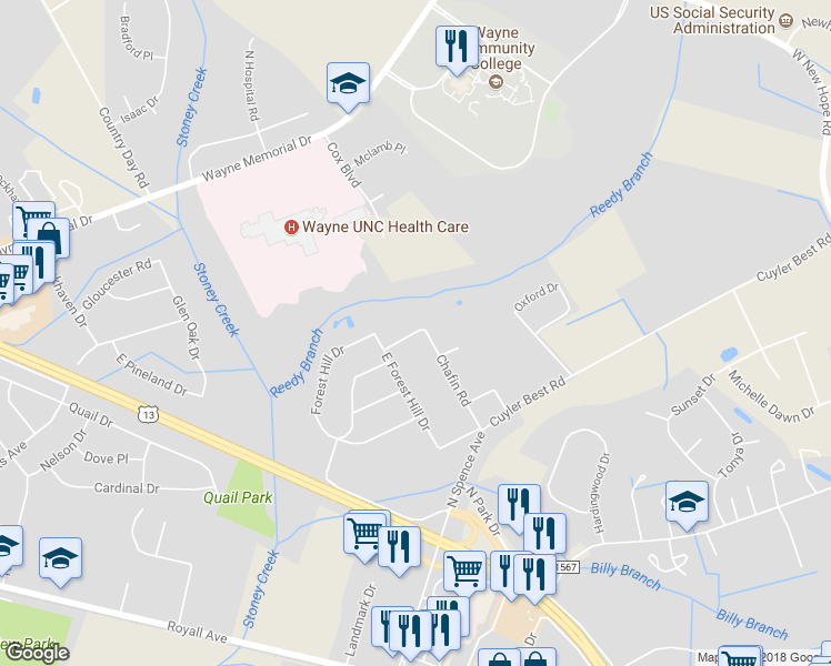 map of restaurants, bars, coffee shops, grocery stores, and more near 700 North Holland Drive in Goldsboro