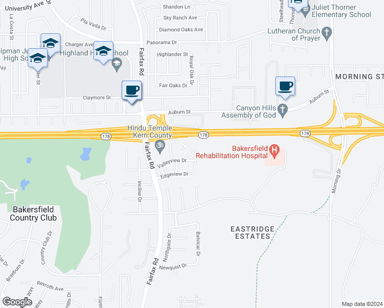 map of restaurants, bars, coffee shops, grocery stores, and more near 4614 Upland Point Drive in Bakersfield