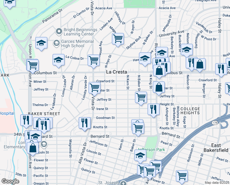 map of restaurants, bars, coffee shops, grocery stores, and more near 2501 North Tulare Street in Bakersfield