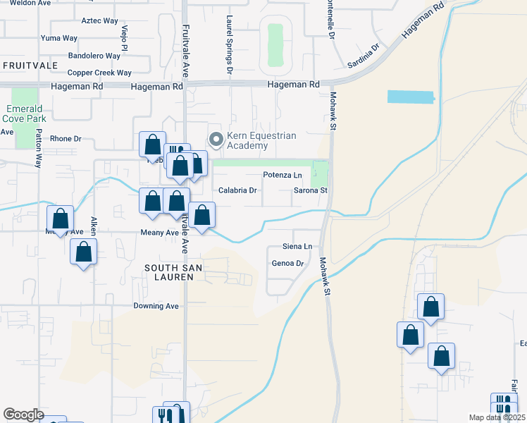 map of restaurants, bars, coffee shops, grocery stores, and more near 6102 Ragusa Lane in Bakersfield