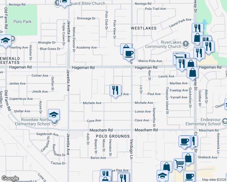 map of restaurants, bars, coffee shops, grocery stores, and more near 10713 Allene Way in Bakersfield