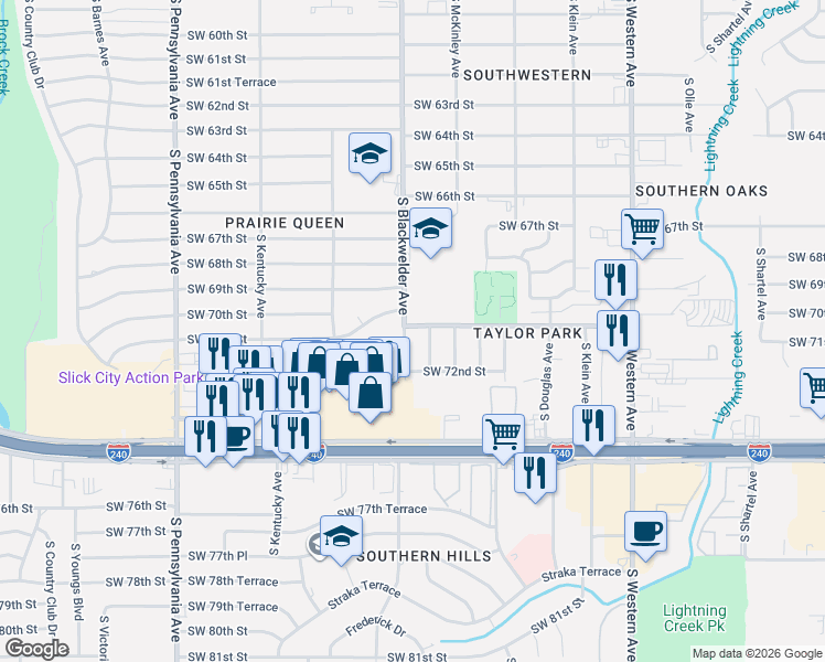 map of restaurants, bars, coffee shops, grocery stores, and more near 1300 Southwest 71st Street in Oklahoma City