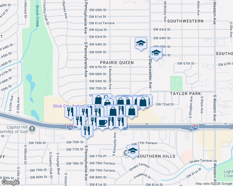 map of restaurants, bars, coffee shops, grocery stores, and more near 1428 Southwest 70th Street in Oklahoma City
