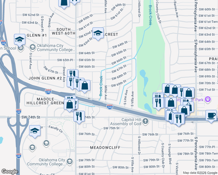map of restaurants, bars, coffee shops, grocery stores, and more near 2613 Southwest 69th Street in Oklahoma City