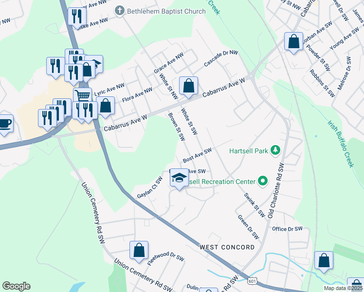map of restaurants, bars, coffee shops, grocery stores, and more near 70 Brown Street Southwest in Concord