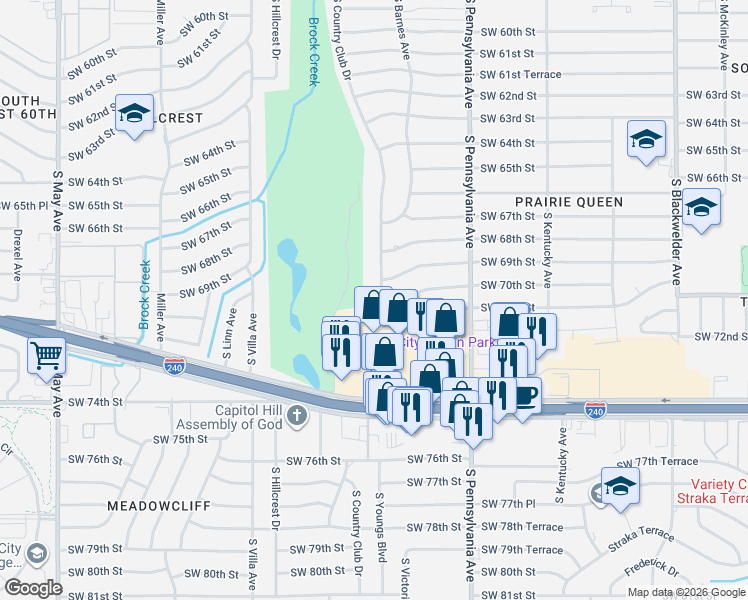 map of restaurants, bars, coffee shops, grocery stores, and more near 7001 South Country Club Drive in Oklahoma City