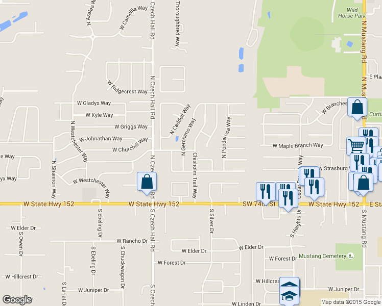 map of restaurants, bars, coffee shops, grocery stores, and more near 418 North Chisholm Trail Way in Mustang