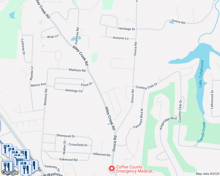map of restaurants, bars, coffee shops, grocery stores, and more near 95 Blue Sky Court in Tullahoma